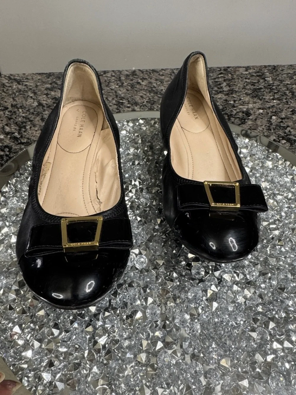 Cole Haan Black leather Wedge ballet Flats with Gold Bow Detail 9